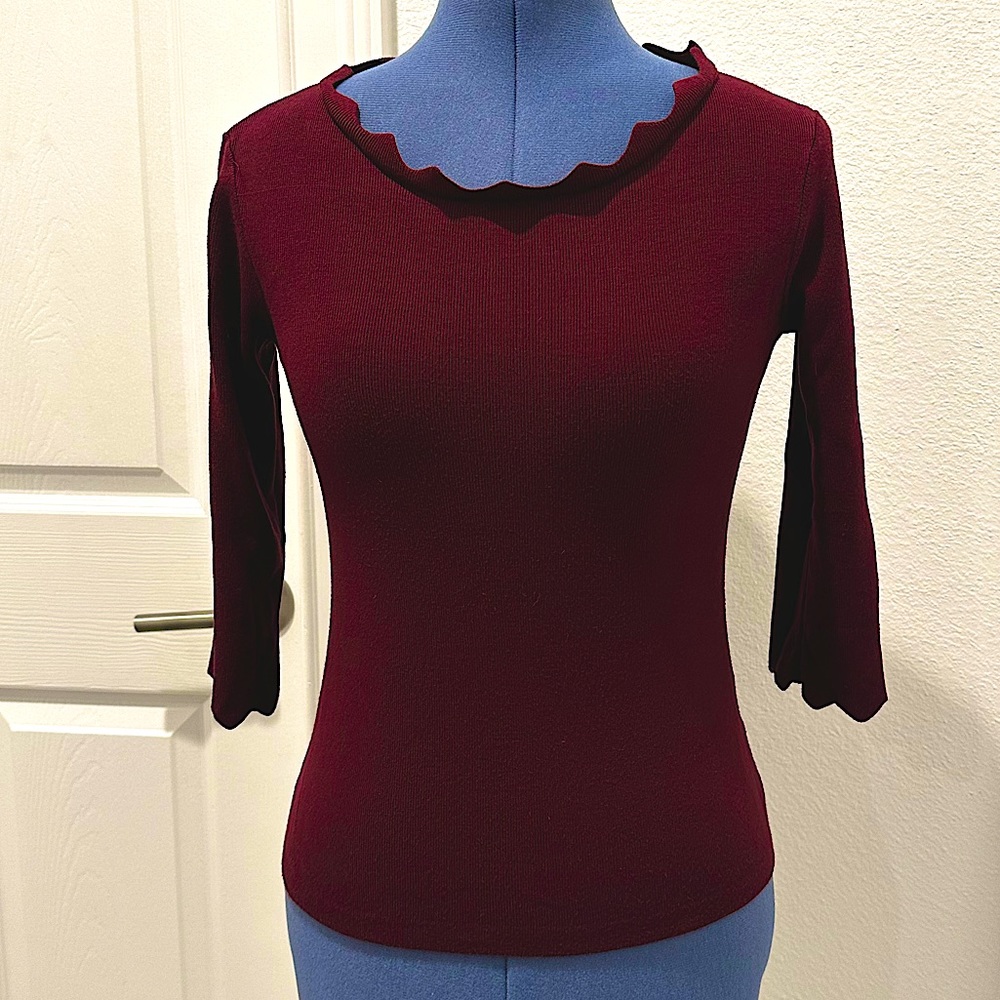Philosophy Maroon Sweater with Scalloped Neck and Sleeves